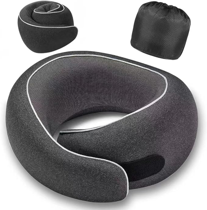 Travel Neck Pillow for Airplanes, Premium Memory Foam Neck Pillow with Ergonomic 360° Support, Travel Essentials for Plane, Car, Train and Home, Max Black