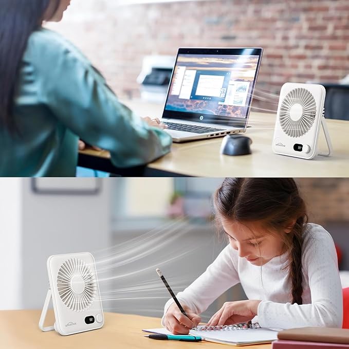 WHATOOK Small Desk Fan Personal Fans: 5000mah 25 Hours Battery Office Quiet Mini Desktop Fan Portable Rechargeable Travel Essentials (White, 2000 mAh)