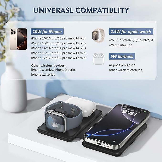Wireless Charger iPhone - 3 in 1 Charging Station for Apple Devices for iPhone 17 16 15 14 13 12 Pro Max Plus - Foldable Magnetic Charging Pad for Apple Watch Series & Airpods Series