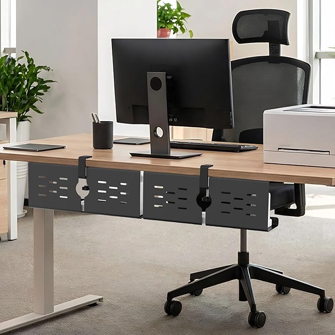 KEEGH 16'' Under Desk Cable Management Tray, No Drill Clamp/Screws Mount, Sturdy Metal Cable Tray for Place Power Strip, Cord Management Tray for Home Office, Gaming Desk, Standing Desk, 1 Pack, Black