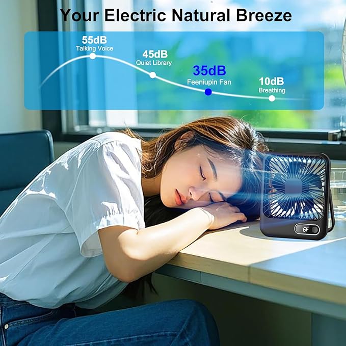 USB Rechargeable Fan with 4000mAh Battery Desk Fan 6.5" Portable Travel Fan Personal Fan 180°Foldable 6 Speeds 6 Hours Timer & Digital Display，Ideal Gifts for Office Home Camping