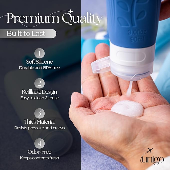 unigo Silicone Travel Bottles Set for Toiletries, Airplane Approved TSA Carry On Size, BPA Free Leakproof Refillable Squeeze Containers with Labels, Cleaning Brush and Covers (Blue)