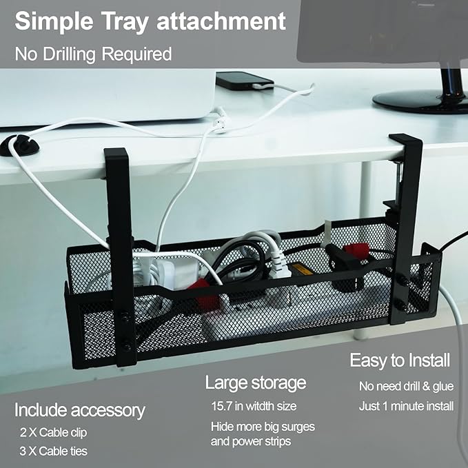 No Drill Under Desk Cable Management Tray with clamp-Premium Wire Tray Cord Organizer – Thin Steel Cable Tray Basket with Charger Holder for Desk–Black Cable Management Box–Easy to Install