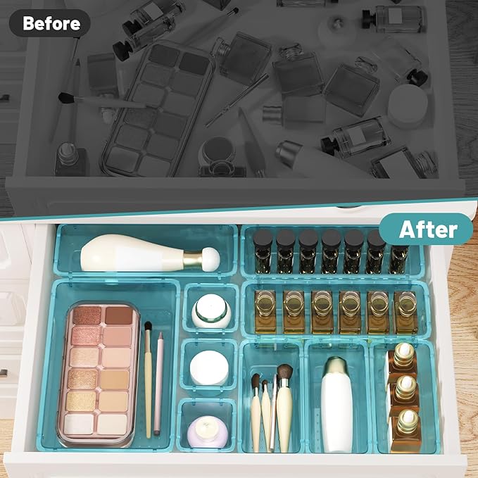 WOWBOX 8 PCS Plastic Drawer Organizer Set, 4 Sizes Desk Drawer Organization and Storage Containers for Makeup, Cosmetics, Jewelry and Gadgets in Kitchen, Bathroom, Bedroom, Office, Clear Sea Blue