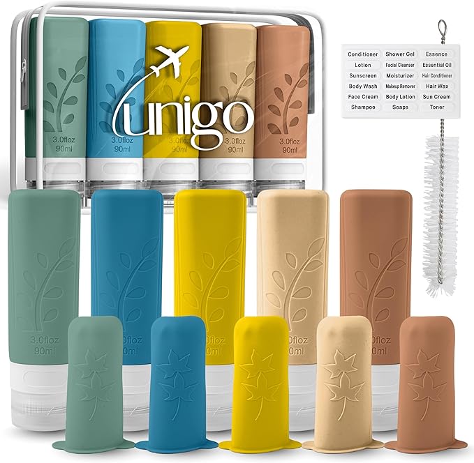 unigo Silicone Travel Bottles Set for Toiletries, Airplane Approved TSA Carry On Size, BPA Free Leakproof Refillable Squeeze Containers with Labels, Cleaning Brush and Covers (Multicolor A)