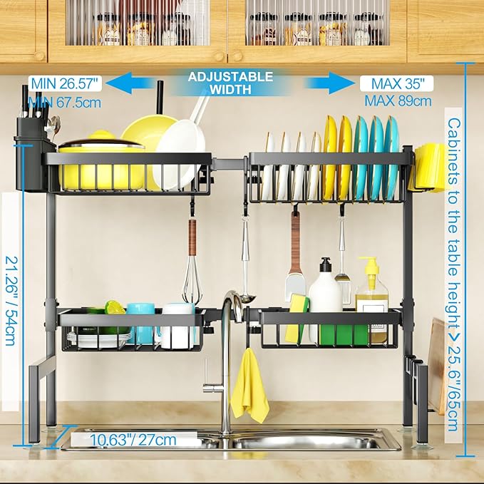 SNSLXH 4 Baskets 2-Tier Over The Sink Dish Drying Rack, 26.57"-35", Large Sink Rack for Kitchen, Extensible and Adjustable, Saving Kitchen Space