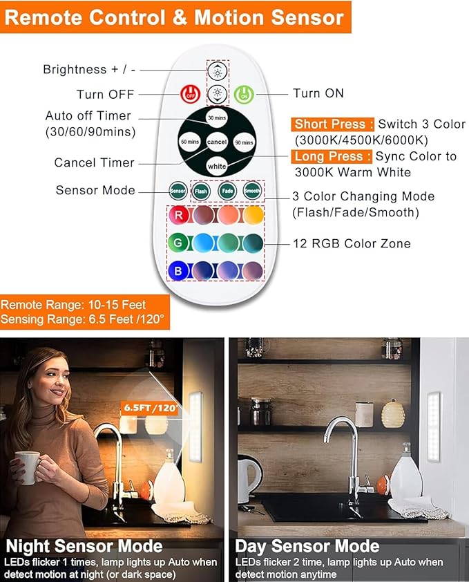 Under Cabinet Lights Wireless, 58-LED Rechargeable Motion Sensor Closet Lights with Remote Control, RGB Color Changing Under Counter Lights for Kitchen, Pantry, Bedroom, Stairs, 2 Pack