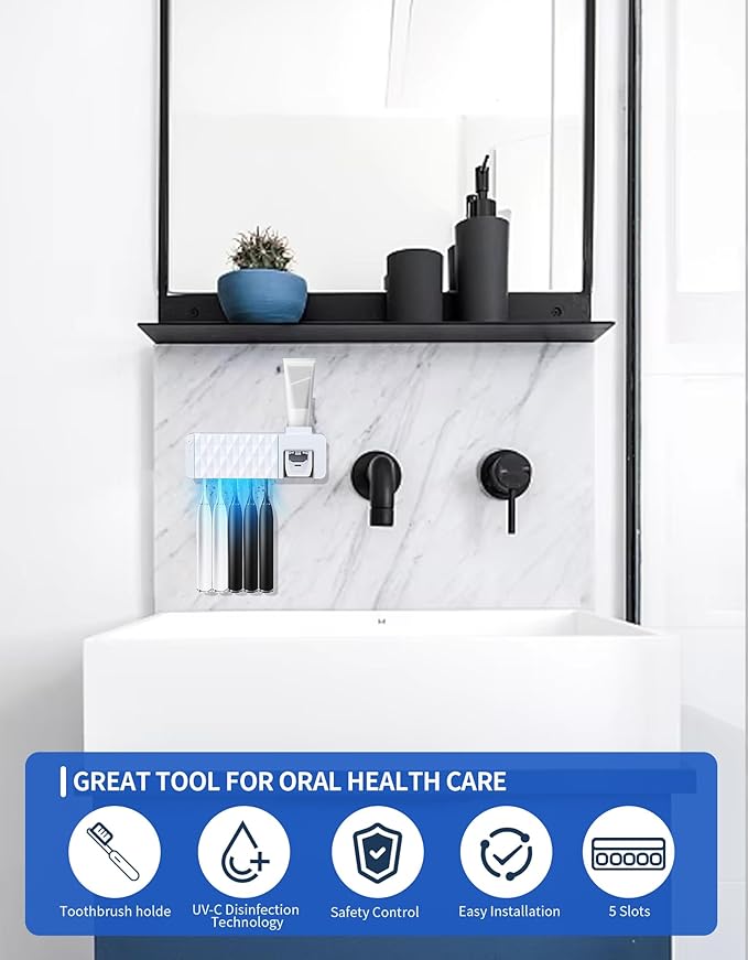 Toothbrush Holders for Bathrooms White Tooth Brush Holder with Toothpaste Dispenser Toothbrush Holder Wall Mounted 5 Toothbrush Slots Storage, Timing, AA Batteries Required