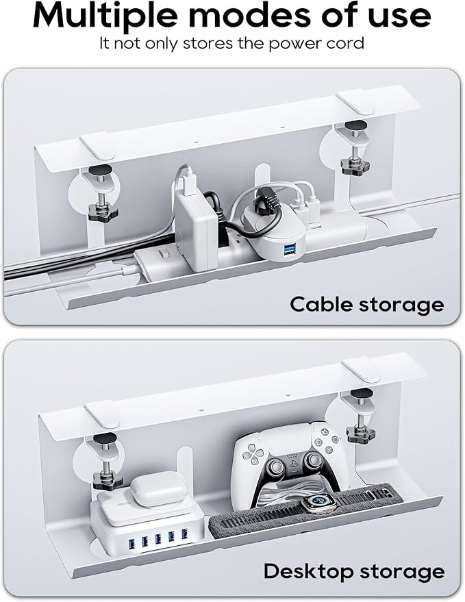 NODOCA No Drill Under Desk Cable Management Tray, 17'' Wire Management, Punch-Free Clamp on, Metal Cable Tray, Wire Organizer Under Desk, Under Desk Basket for Office and Home, White(2 Packs)