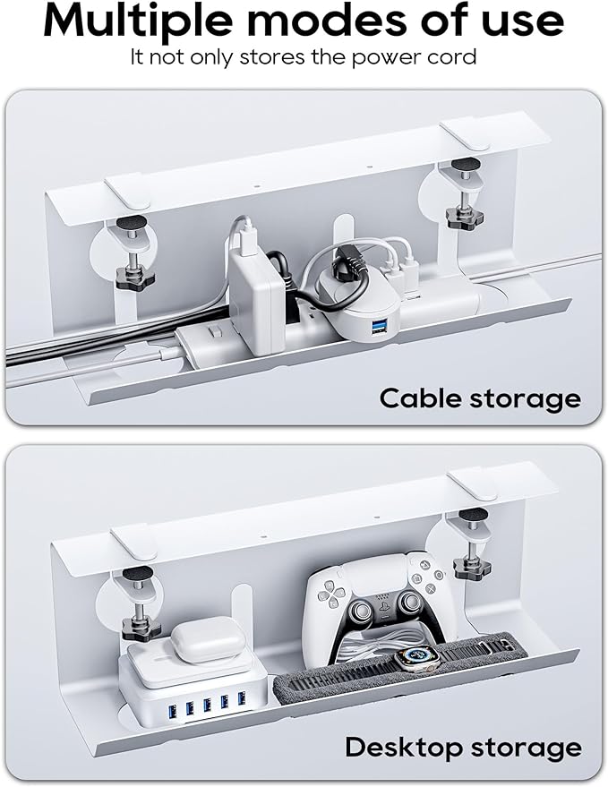 NODOCA No Drill Under Desk Cable Management Tray, 17'' Wire Management, Punch-Free Clamp on, Metal Cable Tray, Wire Organizer Under Desk, Under Dessk Basket for Office and Home, White