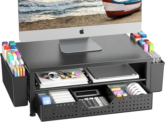 Wood Monitor Stand Riser, Laptop Stand for Desk, Office Desk Organizer and Accessories, Computer Desktop Shelf with Drawer and Pen Holder, Printer Stand for Home, Office, Dorm (Black Wood)