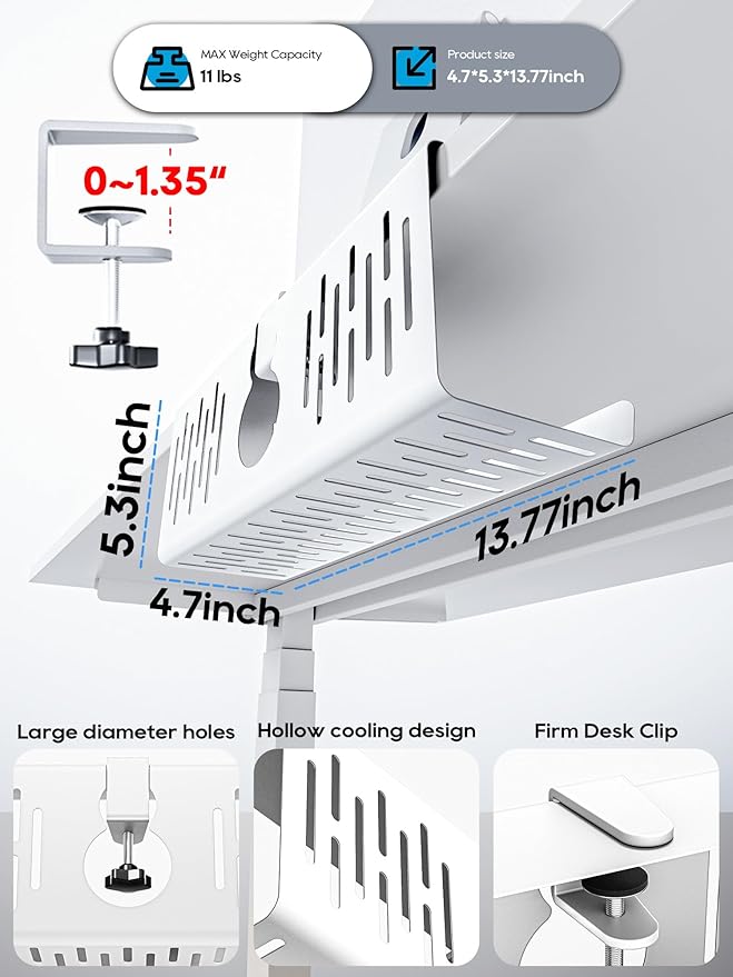 NODOCA No Drill Under Desk Cable Management Tray, 14'' Wire Management, Punch-Free Clamp on, Metal Cable Tray, Wire Organizer Under Desk, Under Desk Basket for Office and Home, White(2 Packs)