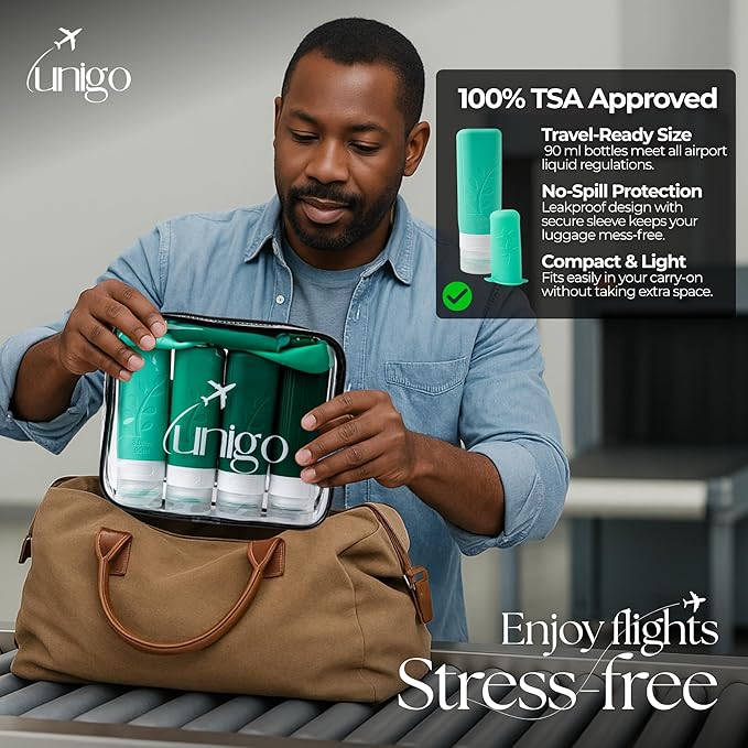 unigo Silicone Travel Bottles Set for Toiletries, Airplane Approved TSA Carry On Size, BPA Free Leakproof Refillable Squeeze Containers with Labels, Cleaning Brush and Covers (Green)