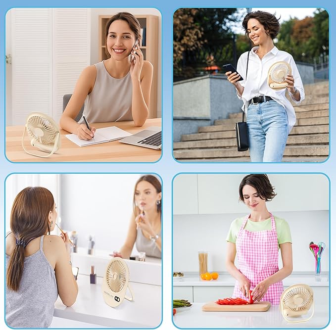 USB Desk Fan,3 IN 1 Rechargeable Portable Fan,180 Adjustable,6 Speed Strong Wind,Mini Personal Desktop Fan for Travel/Cruise/Bedroom/Office/Indoor/Outdoor,Desk Accessories for Women/Men/girls (Beige)