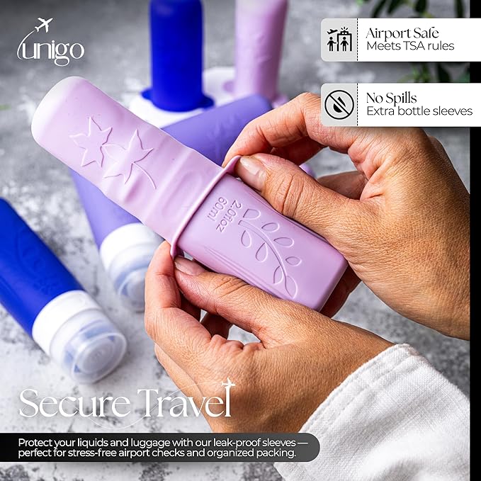 unigo Silicone Travel Bottles Set for Toiletries, Airplane Approved TSA Carry On Size, BPA Free Leakproof Refillable Squeeze Containers with Labels, Cleaning Brush and Covers (Purple)