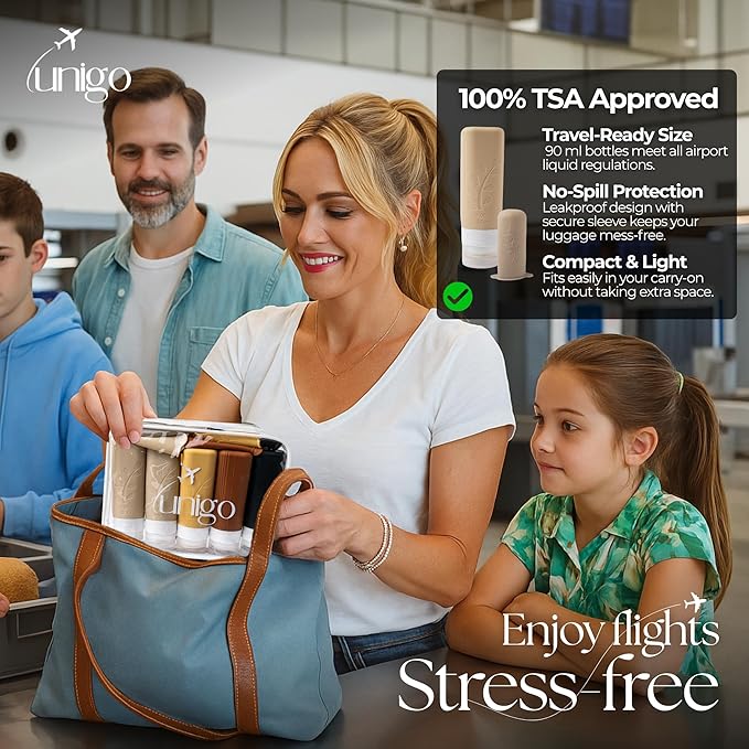 unigo Silicone Travel Bottles Set for Toiletries, Airplane Approved TSA Carry On Size, BPA Free Leakproof Refillable Squeeze Containers with Labels, Cleaning Brush and Covers (Apricot)