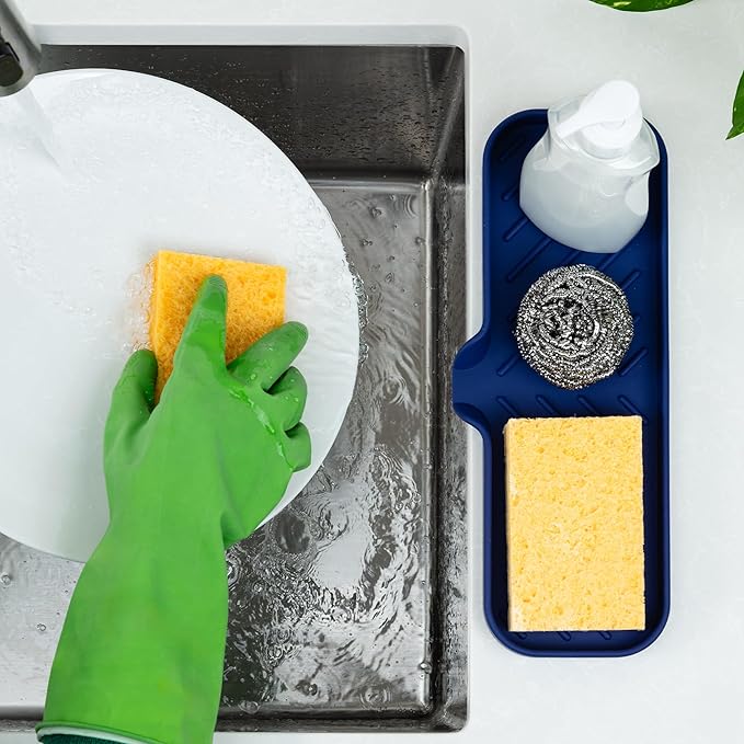 Zulay Kitchen Large Silicone Sponge Holder (12x4) – Flexible Sink Organizer Tray for Kitchen & Bathroom – Multipurpose Soap Dish for Sponges, Makeup, Trinkets & More (Dark Blue)