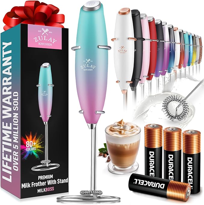 Zulay Kitchen Powerful Milk Frother Wand With 4 AA Duracell Batteries - Ultra Fast Handheld Drink Mixer - Electric Whisk Foam Maker for Coffee, Lattes, Cappuccino, Matcha & Creamer