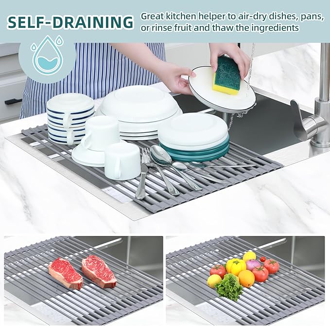 Ohuhu Dish Drying Rack Over The Sink, Roll Up Sink Rack 20.5" W x 13.1" L Rolling Dish Drainer Foldable Accessories Heat-Resistant Mat Anti-Slip Silicone Coated for Kitchen Counter