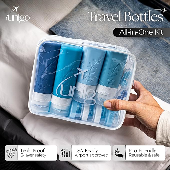 unigo Silicone Travel Bottles Set for Toiletries, Airplane Approved TSA Carry On Size, BPA Free Leakproof Refillable Squeeze Containers with Labels, Cleaning Brush and Covers (Blue)