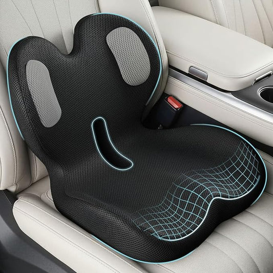 Trucker Seat Cushion, Car Seat Cushions with Lumbar Support Pillow, Ergonomic L-Shaped Orthopedic Memory Foam Pad for Long Driving Back Pain Sciatica Relief, Drivers Office Workers (Black+Mesh Cloth)