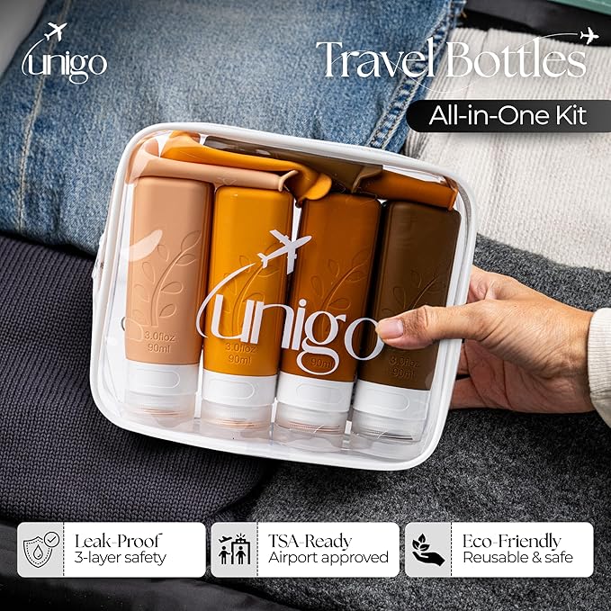 unigo Silicone Travel Bottles Set for Toiletries, Airplane Approved TSA Carry On Size, BPA Free Leakproof Refillable Squeeze Containers with Labels, Cleaning Brush and Covers (Apricot)