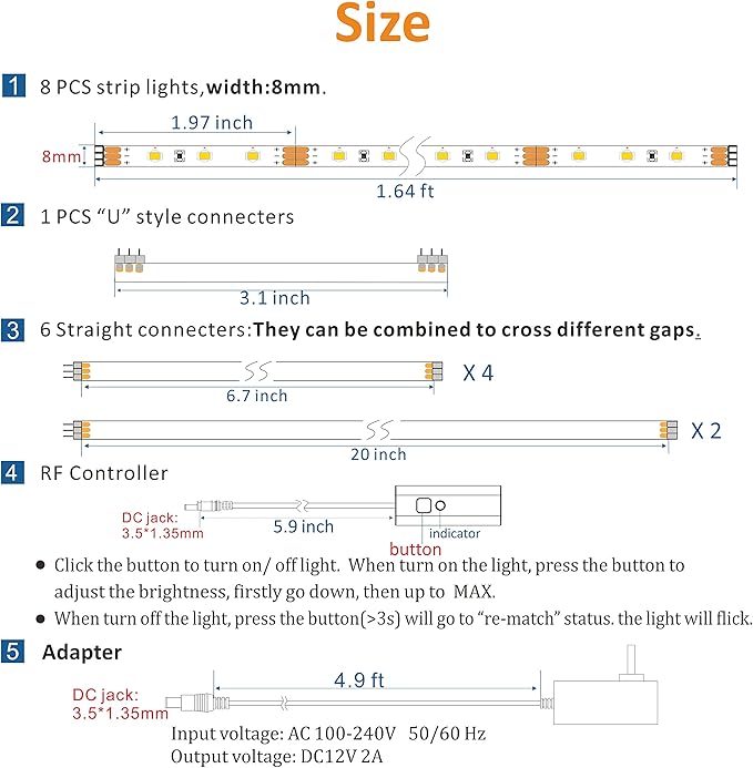 WOBANE Under Cabinet Lighting, 8PCS LED Strip Lights with Remote and 24W Adapter, Ultra Bright 240-LED Tape Light for Kitchen,Counter,Shelf,TV Back 2700K Warm White,Dimmable,Timing,Memory Function