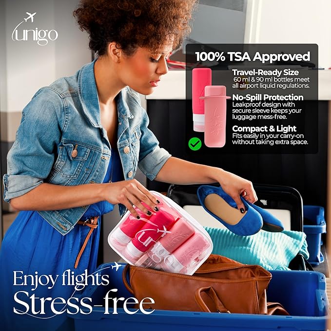 unigo Silicone Travel Bottles Set for Toiletries, Airplane Approved TSA Carry On Size, BPA Free Leakproof Refillable Squeeze Containers with Labels, Cleaning Brush and Covers (Pink)