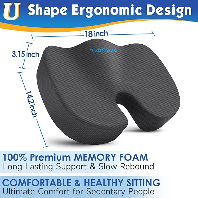 TushGuard Seat Cushion for Office Chair Memory Foam Non-Slip Desk Seat Cushion Back, Coccyx, Sciatica, Tailbone Pain Relief Butt Pillow for Office Chair, Car, Wheelchair, Grey