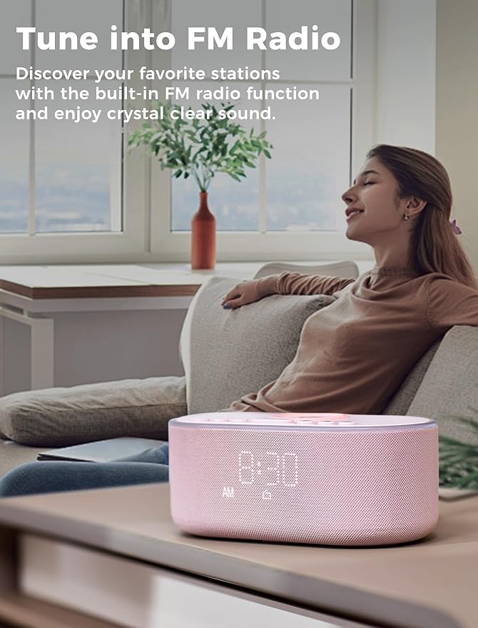 Wireless Charging Alarm Clock Radio: Qi Certified Fast Wireless Charger for iPhone Samsung - 10W Stereo Bluetooth Speaker - Dimmable Digital Clock with FM Radio for Bedroom Pink