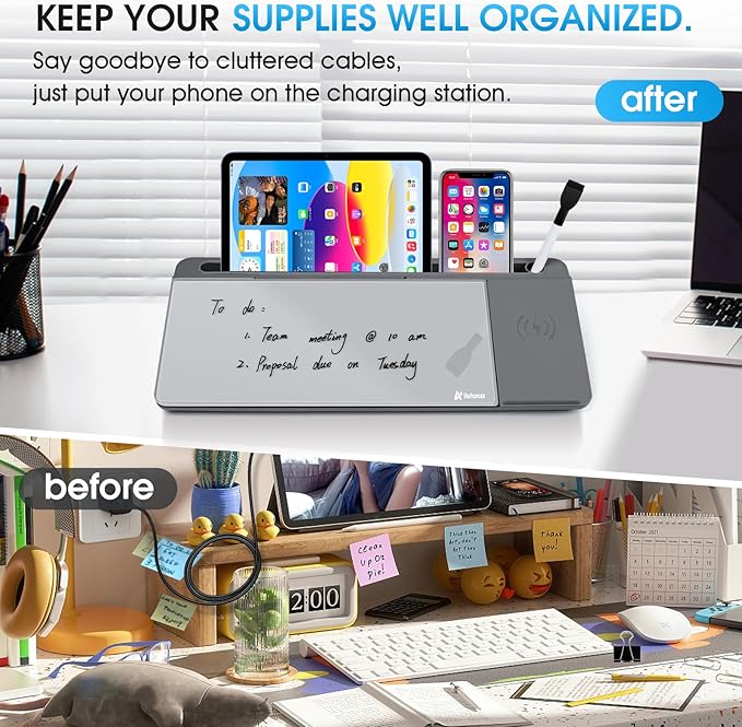 Varhomax Glass Desk Whiteboard with Wireless Charger, Desktop Dry Erase White Board with Storage, to Do List Memo Notepad for Home and Office (Gray)