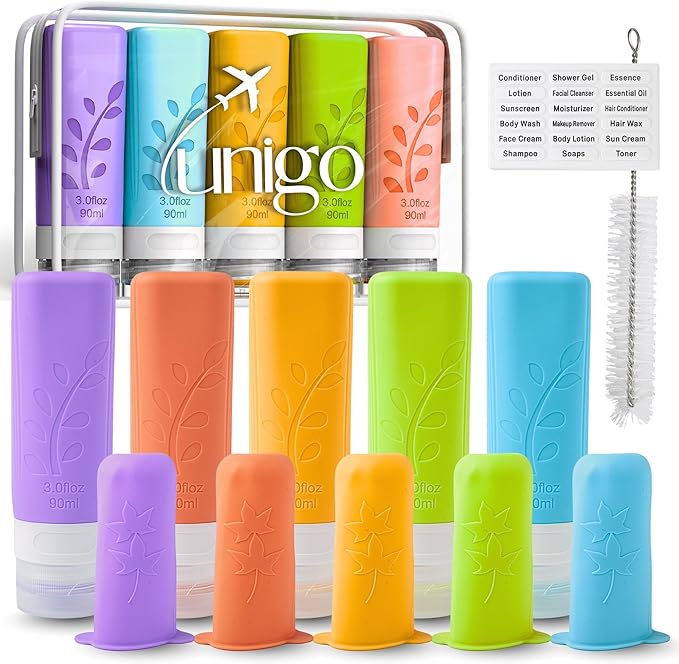 unigo Silicone Travel Bottles Set for Toiletries, Airplane Approved TSA Carry On Size, BPA Free Leakproof Refillable Squeeze Containers with Labels, Cleaning Brush and Covers (Multicolor B)
