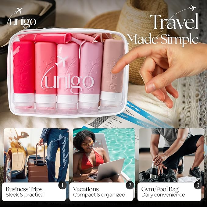 unigo Silicone Travel Bottles Set for Toiletries, Airplane Approved TSA Carry On Size, BPA Free Leakproof Refillable Squeeze Containers with Labels, Cleaning Brush and Covers (Pink)