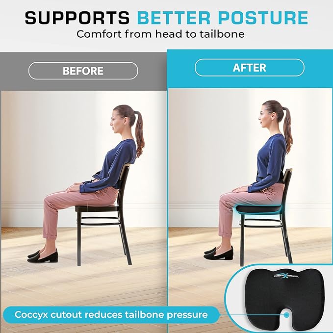 Xtreme Comforts Seat Cushion, Tailbone Relaxer - Coccyx Cushion for Tailbone Pain Desk, Wheelchair & Car Use - Back Support Pillow for Chair