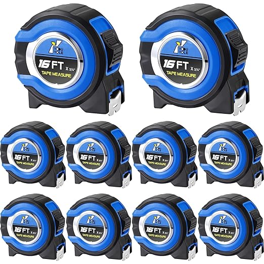 Youyole 10 Pack Tape Measure with Fractions 1/8 Steel Measuring Tape Retractable Easy Read Measurement Ruler Steel Power Blade (16 ft X 3/4 in,Blue)