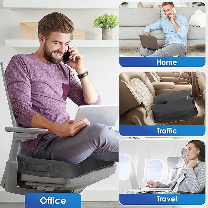 TushGuard Seat Cushion for Office Chair Memory Foam Non-Slip Desk Seat Cushion Back, Coccyx, Sciatica, Tailbone Pain Relief Butt Pillow for Office Chair, Car, Wheelchair, Grey