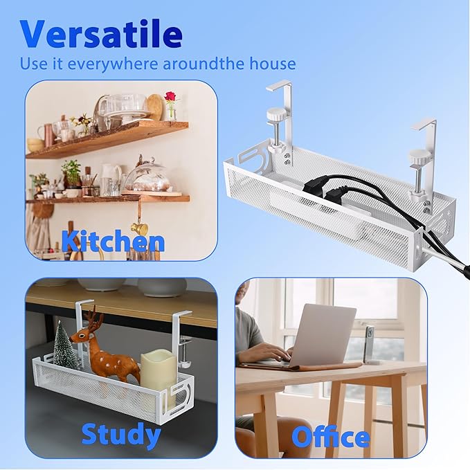 Under Desk Cable Management Tray Small – Clamp-Mounted Wire Organizer & Cord Management Under Desk Holder, No-Drill Metal Cable Tray for Home Office (White)