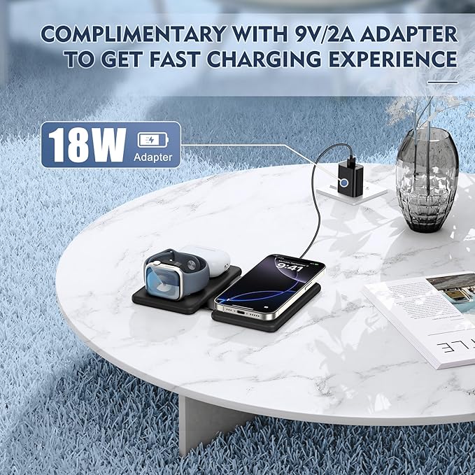 Wireless Charger iPhone - 3 in 1 Charging Station for Apple Devices for iPhone 17 16 15 14 13 12 Pro Max Plus - Foldable Magnetic Charging Pad for Apple Watch Series & Airpods Series
