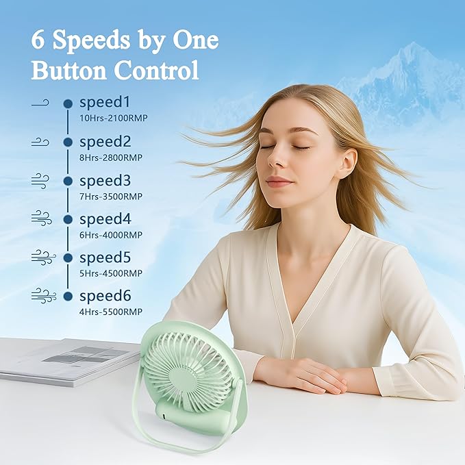 USB Desk Fan,3 IN 1 Rechargeable Portable Fan,180 Adjustable,6 Speed Strong Wind,Mini Personal Desktop Fan for Travel/Cruise/Bedroom/Office/Indoor/Outdoor,Desk Accessories for Women/Men/girls (Green)