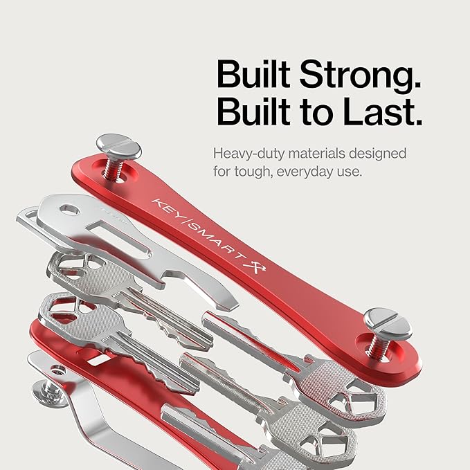 KeySmart Rugged - Multitool Key Holder for Keychain w/Bottle Opener and Pocket Clip, Key Organizer for Key Chain, EDC Keychains, Key Ring for Car Fobs Key Chains, Expandable (Up to 14 Keys, Red)