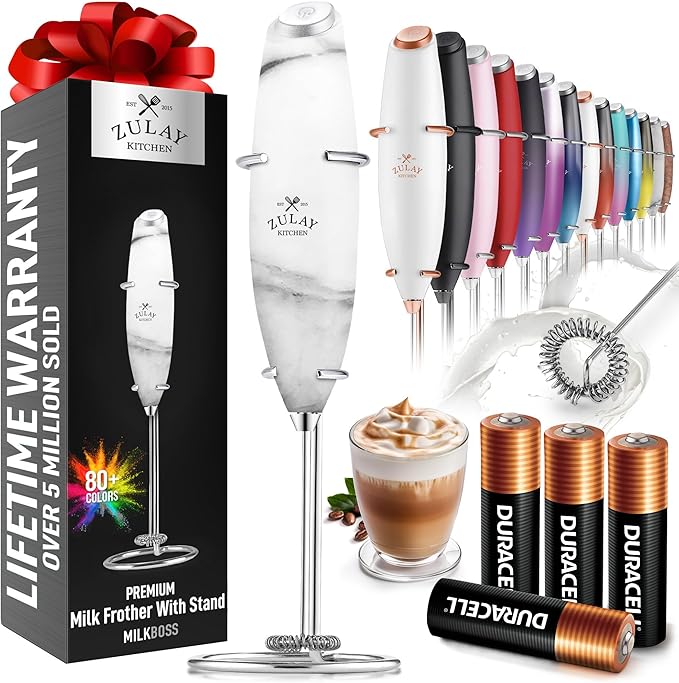 Zulay Kitchen Powerful Milk Frother Wand With 4 AA Duracell Batteries - Ultra Fast Handheld Drink Mixer - Electric Whisk Foam Maker for Coffee, Lattes, Cappuccino, Matcha & Creamer
