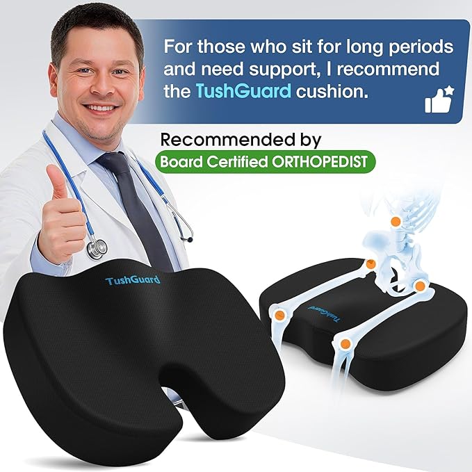 TushGuard Seat Cushion for Office Chair Memory Foam Non-Slip Desk Seat Cushion Back, Coccyx, Sciatica, Tailbone Pain Relief Butt Pillow for Office Chair, Car, Wheelchair, Black