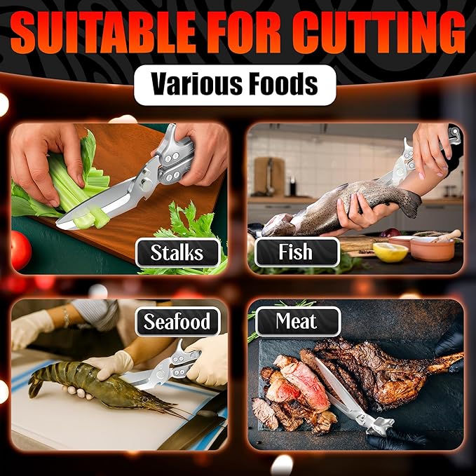 4-in-1 Multifunctional Heavy Duty Kitchen Shears – Spring-Loaded Sharp Seafood, Fish, Turkey & Chicken Kitchen Utility Scissors | Non-Slip Handle, Safety Lock & Micro-Serrated Blades for Bones(Silver)