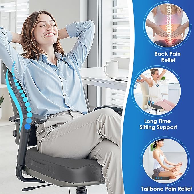 TushGuard Seat Cushion for Office Chair Memory Foam Non-Slip Cushion Back, Coccyx, Sciatica, Tailbone Pain Relief Butt Pillow for Office Chair, Car, Wheelchair, Grey, XX-Large