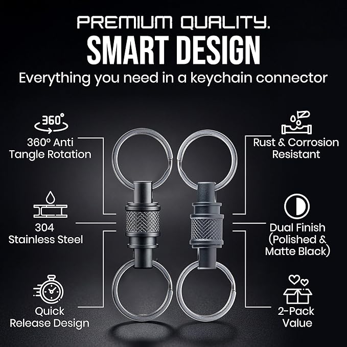 Stainless Steel Quick Release Keychain (2 Pack) - Swivel Key Organizer Key Chain - Heavy Duty Detachable Key Ring Quick Release System