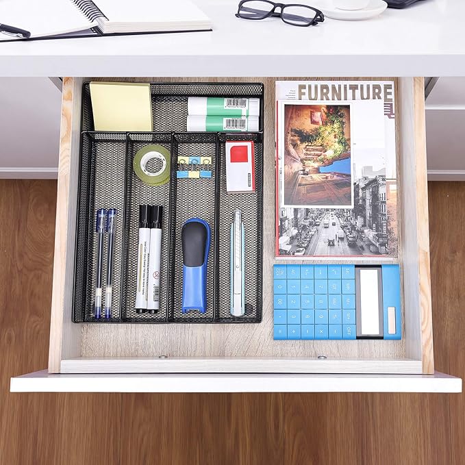 WuGeShop Office Desk Drawer Organizer, 5 Compartments Mesh Drawer Organizer Tray for Storage Art Supplies, Stationery, Black