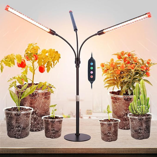 3Head Tabletop Grow Lights for Indoor Plants, Seed Starting, Vegetables, Bonsai, Bright Desk Plant Growing Lamps, 4/8/12/16/20H Timer, 27 Watt Power Draw, NO Need Adapter, 360° Gooseneck