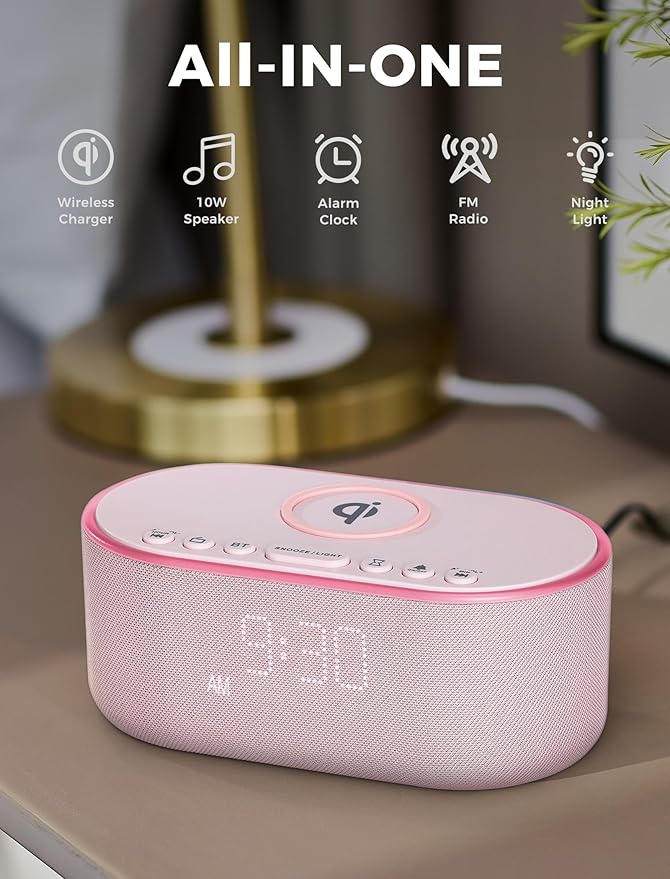 Wireless Charging Alarm Clock Radio: Qi Certified Fast Wireless Charger for iPhone Samsung - 10W Stereo Bluetooth Speaker - Dimmable Digital Clock with FM Radio for Bedroom Pink
