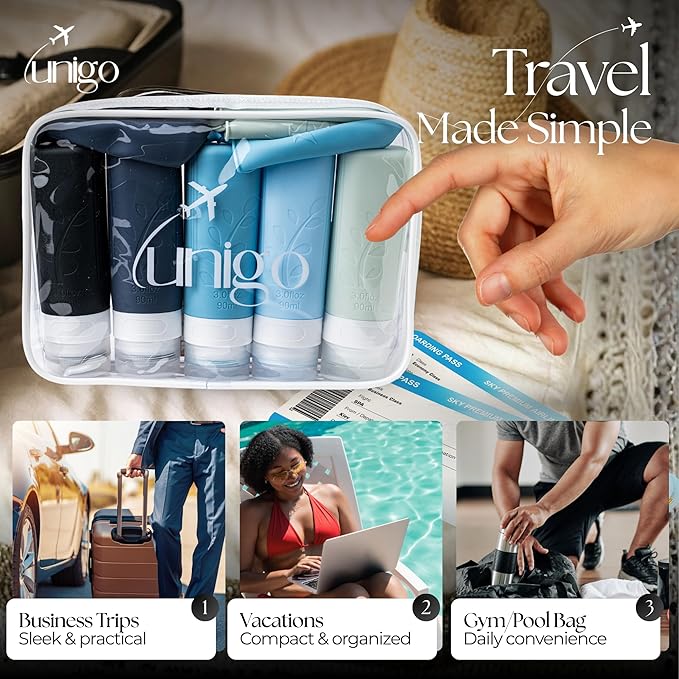 unigo Silicone Travel Bottles Set for Toiletries, Airplane Approved TSA Carry On Size, BPA Free Leakproof Refillable Squeeze Containers with Labels, Cleaning Brush and Covers (Blue)