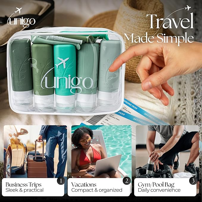 unigo Silicone Travel Bottles Set for Toiletries, Airplane Approved TSA Carry On Size, BPA Free Leakproof Refillable Squeeze Containers with Labels, Cleaning Brush and Covers (Green)